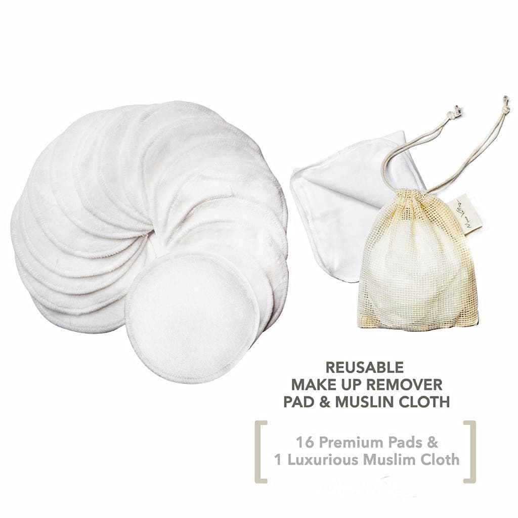 16 Organic Reusable Makeup Remover Pads, FREE 1 Cleansing Muslin Cloth and Laundry Bag, Machine Washable. Eco-Friendly Products & Zero Waste