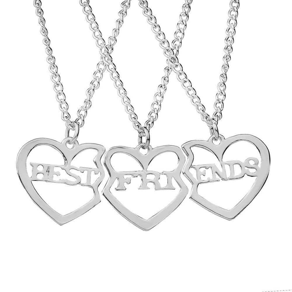 Elegant Rose3 Pcs Best Friends Forever BFF Silver Heart Key Pendant Necklace Set Friendship Accessories (Silver)