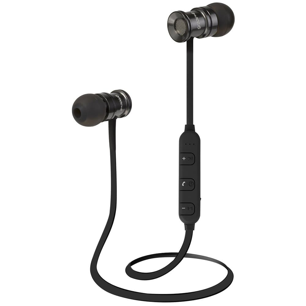 groov eBoom Buds Wireless Bluetooth In-Earphones for Gym Sports with Built-In-Mic,Hands-Free Calls, Volume Controls, Rechargeable Battery for iPhone, Samsung and all Tablets/Laptops - Black/Silver