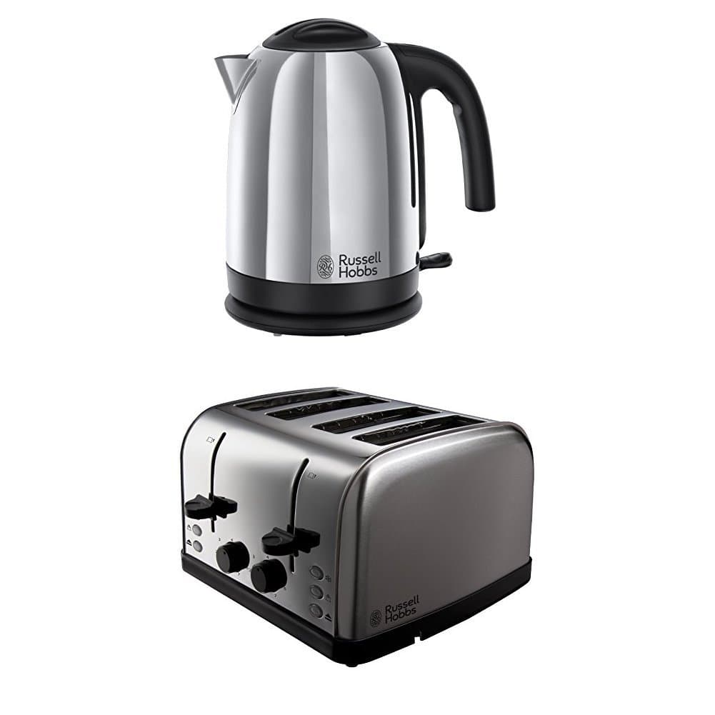 Russell Hobbs Cambridge Kettle 20071, 1.7 L, 3000 W - Polished Stainless Steel Silver & Russell Hobbs Futura 4-Slice Toaster 18790 - Stainless Steel Silver