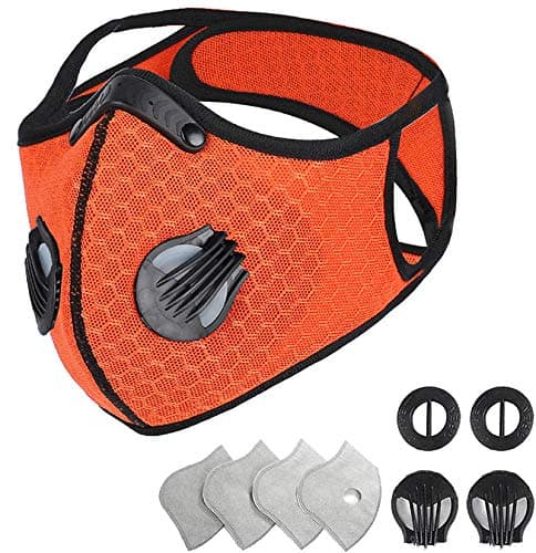 SENLIYA Dust Reusable Face Cover with Activated Carbon Filter and Valves,with 2 Replaceable Valves and 4 Replaceable Filters (Orange)