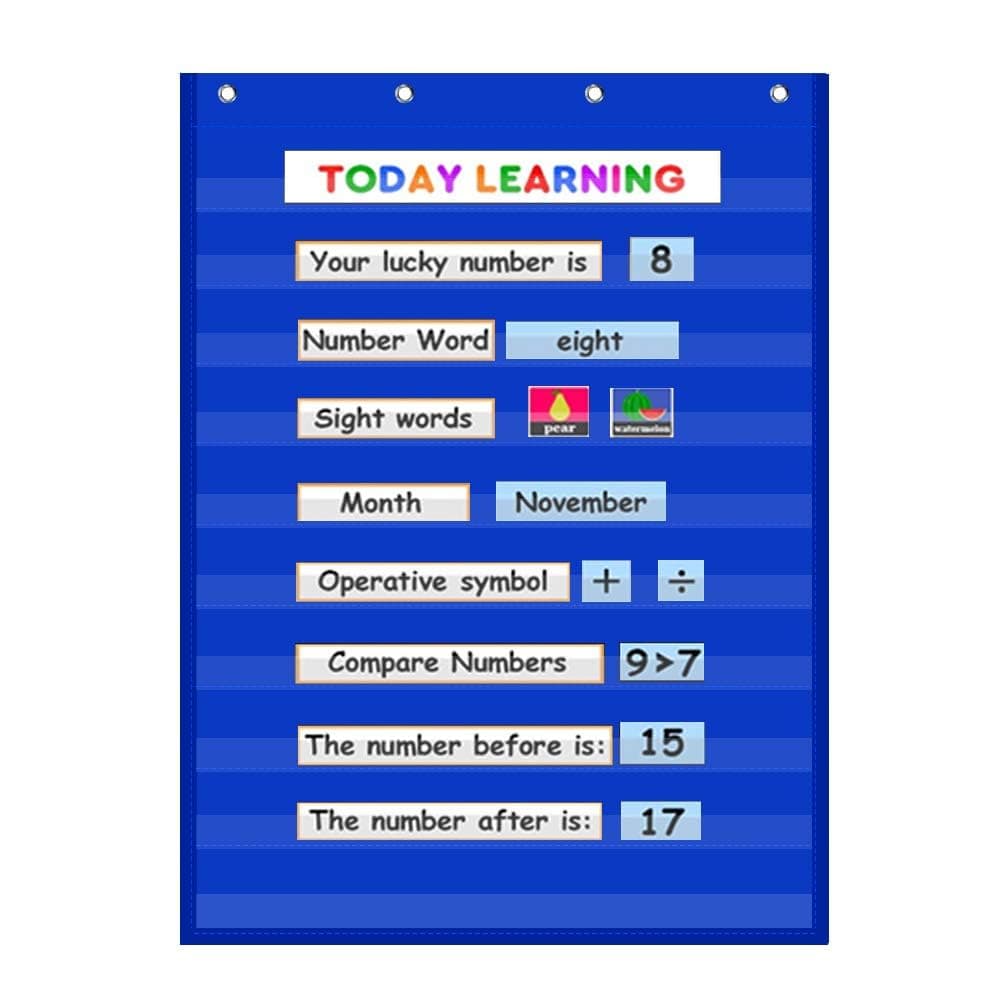 Vnom Standard Pocket Chart Clear 10 Pockets For Classroom & Home Heavy Duty Hanging Word Wall/Letter Cards/Sentence Strips,28X43 Inch(Blue)