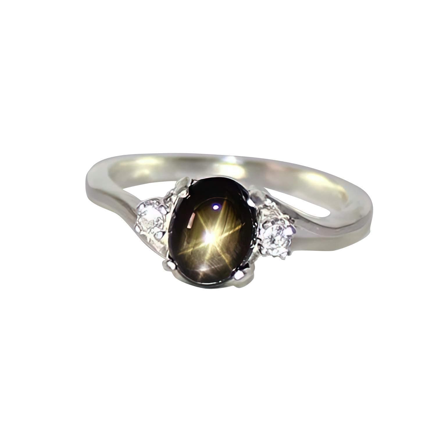 Genuine Black Star Sapphire Sterling Silver Ring with Diamond Accents