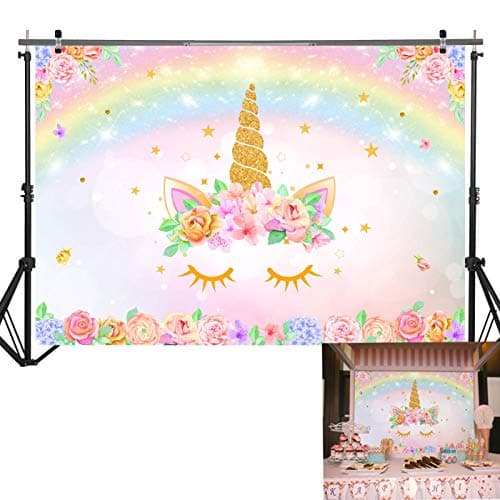 Unicorn Rainbow Pink Flower Gold Glitter 7X5ft Photography Backdrop for Girls Kids Birthday Baby Shower Unicorn Party Supplies Pictures Decorations Background Photo Studio Props Banner
