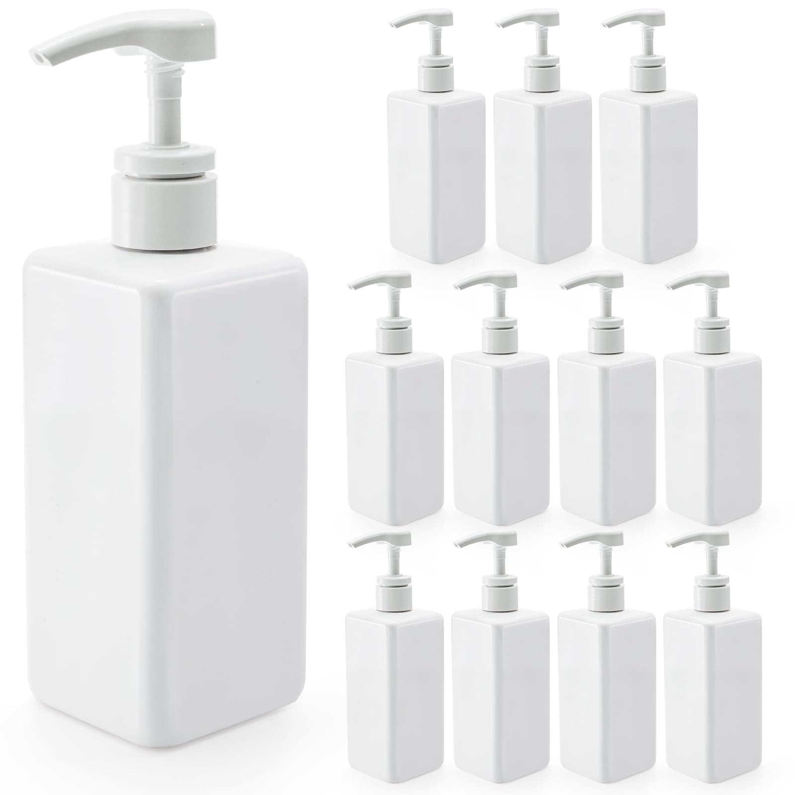 Okllen 12 Pack 500 ML Plastic Pump Bottles, Empty Refillable Container Liquid Soap Dispenser for Shampoo, Lotion, Cleaning Products, Kitchen, Bathroom, White Square