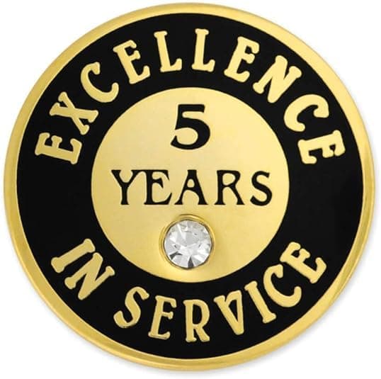 PinMart Gold Plated Excellence in Service Year Award Lapel Pin – Metal Enamel Workplace Reward Pin w/Rhinestone – 1-60 Years Pins for Long Standing Employees