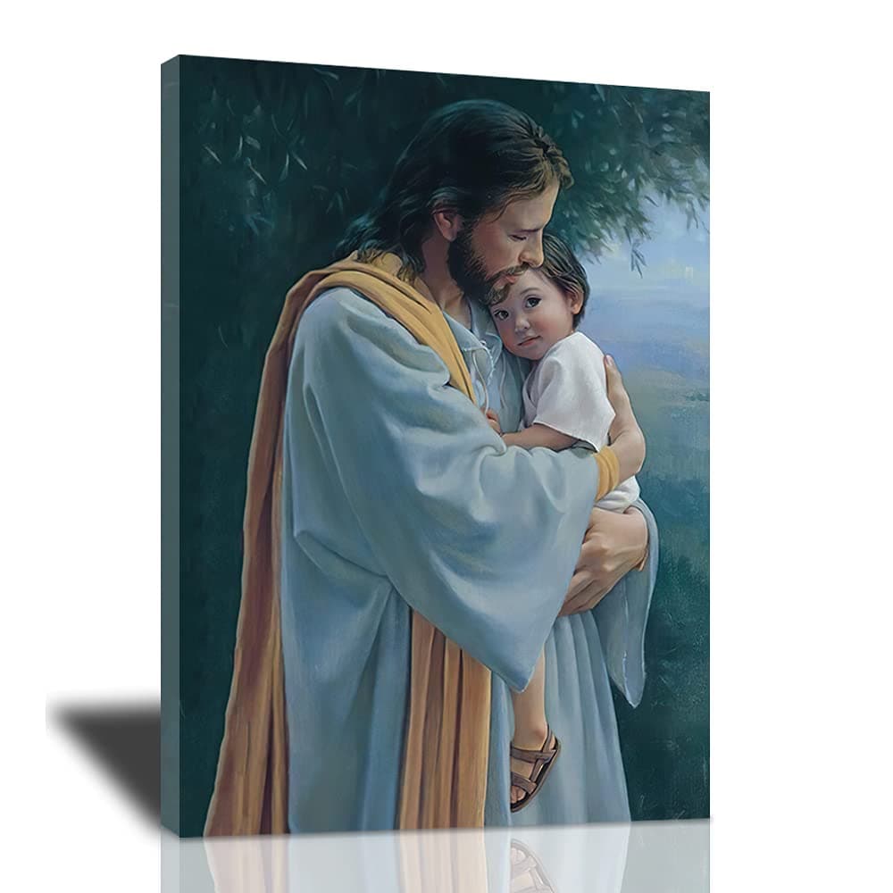 Jesus Christ Hugging Child Framed Canvas Wall Art Religious and Spiritual Art Print Poster Christian Never Leave You Artwork Wall Decor for Living Room Bedroom Office HD Prints for Home Decoration