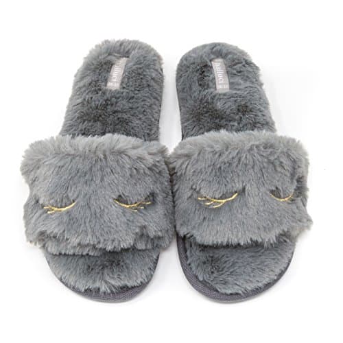 Elliz Women's Faux Fur Sleepy Eyes Memory Foam Slide Slippers (Medium, Grey)