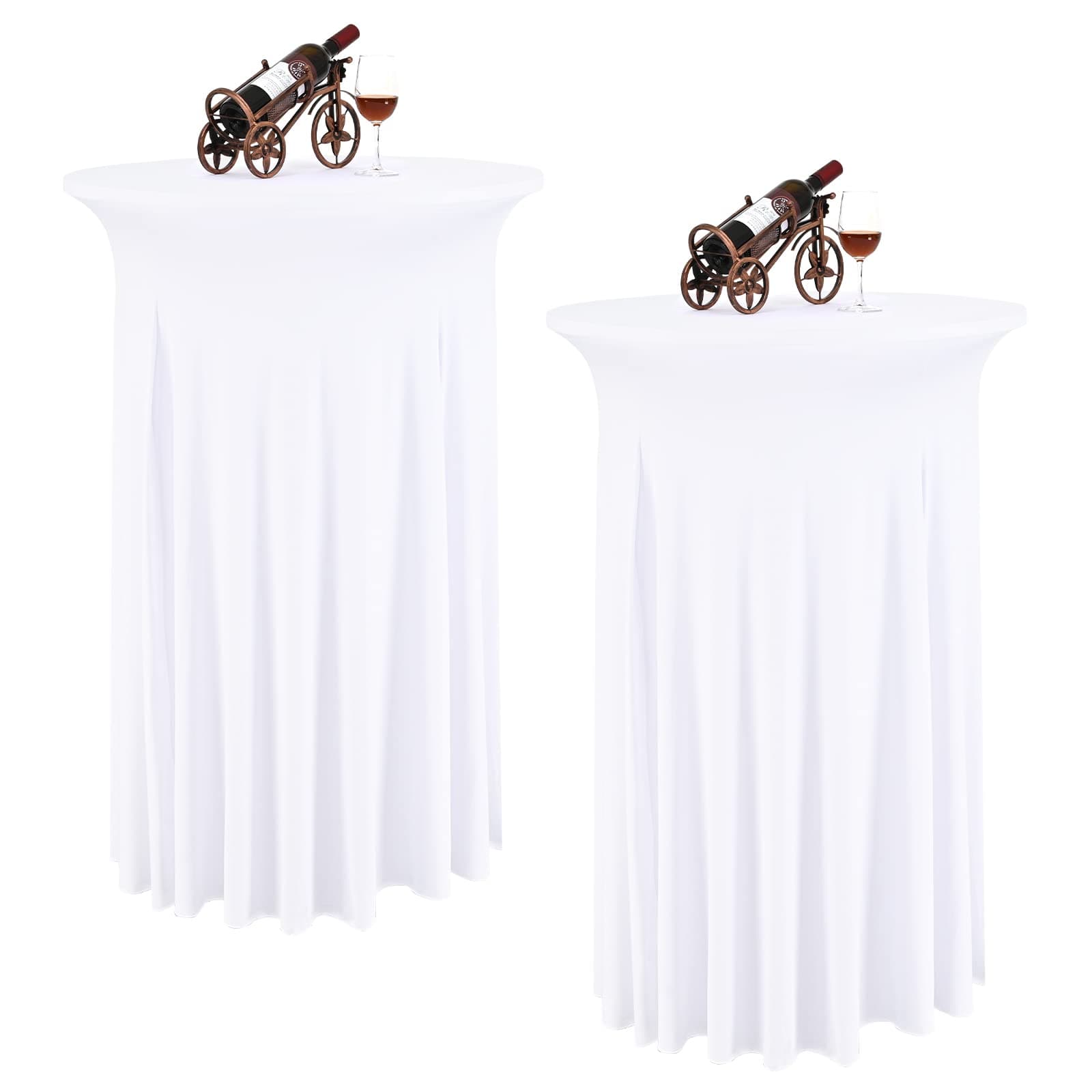 LYAFS 2 Packs Round Cocktail Table Skirt 32"x 43" Spandex Stretch Cocktail Tablecloth with Wavy Drapes, White Spandex Fitted High Top Table Covers for Wedding Bar Party Birthday Banquet Table