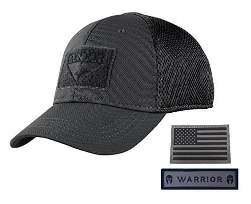 Condor Flex Mesh Cap, Black + Flag & Warrior Patch, Fitted Tactical Operator Hat