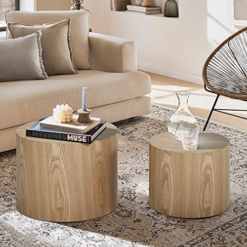 kevinplus Wood Side Table Round Small Coffee Tables Nesting End Table Set of 2 for Living Room Bedroom Office, No Assembling (Oak/Walnut - Round)