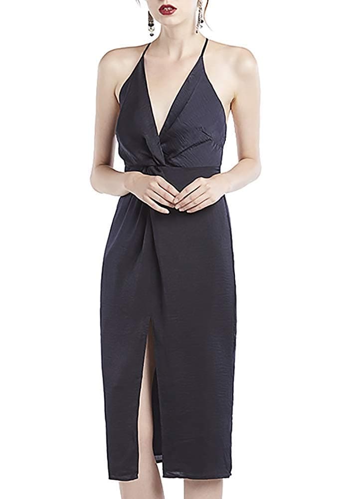 Our Heritage - Women's Cross-Back Slit Midi Dress with Deep V, Navy, Size Small
