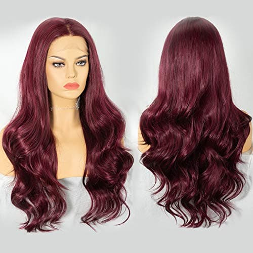 Cosswigs Burgundy Lace Front Wig Natural Long Wavy Red Synthetic Wig for Women Middle Part Heat Resistant Fiber #99J Heat Resistant 24inches