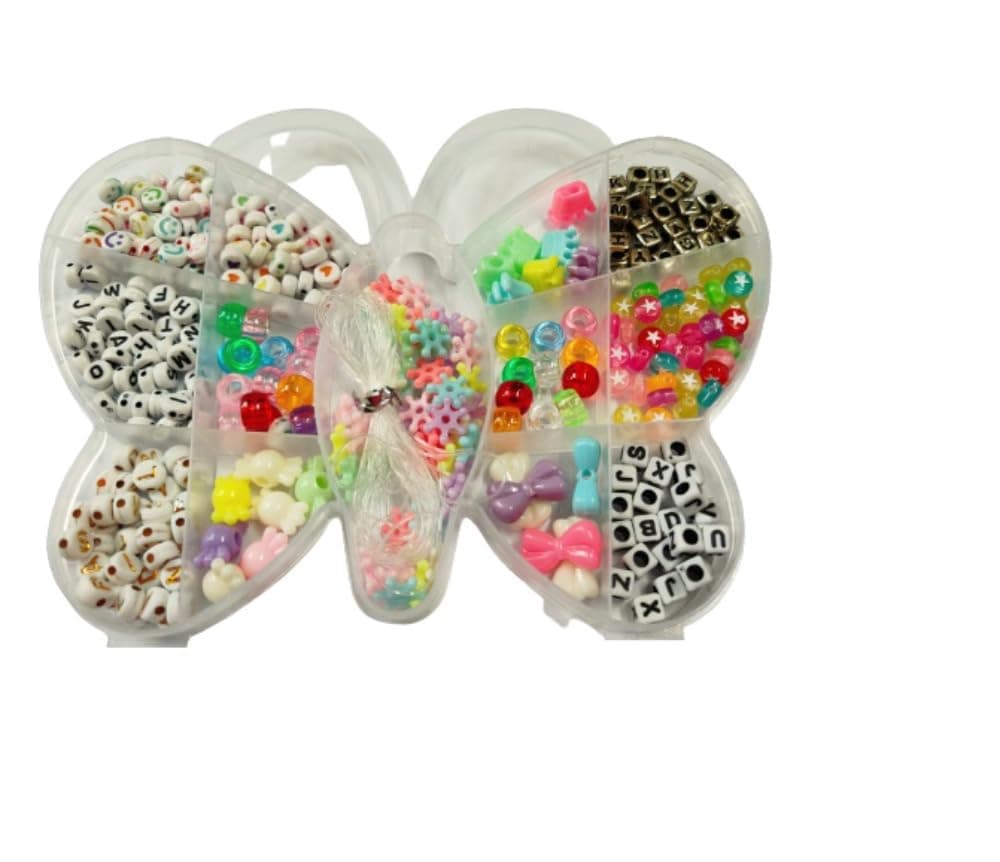 3A Featuretail Multicolor Bead Set for DIY Craft, Plastic Alphabet & Mix Design Beads with Nylon Thread in Butterfly Design Case for Kids Gift, Bracelet/Jewellery Making Kit (3MM to 6 MM Beads)