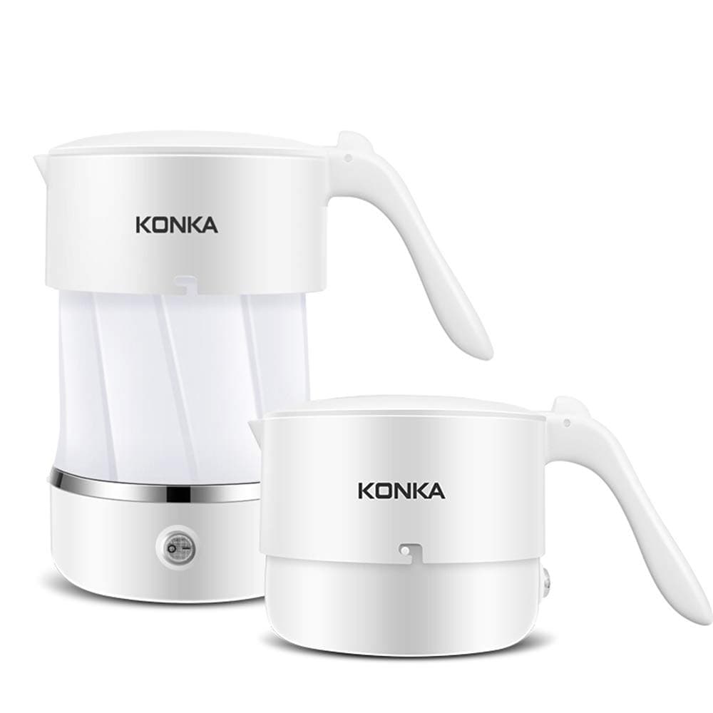 KONKA Travel Foldable Electric Kettle,Collapsible Water Boiler for Coffee Tea Folding Kettle,21oz Mini Portable Electric Kettle, Food Grade Silicone,Dual Voltage,Universal Plug (White)