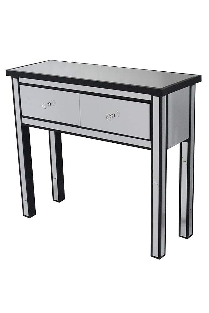 HomeRoots MDF, Wood, Mirrored Glass 15" Black Mirrored Console Table with 2 Drawers
