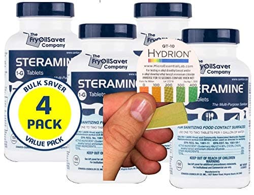 - Pack of 4 (600 Tab) Steramine Sanitizing Tablets w/ 30x QT-10 Test Strips by FryOilSaver Co., Steramine Multi Purpose Contact Solution Sanitizer Tablets for Gym, Hotel, Bar, Restaurants & Food Service