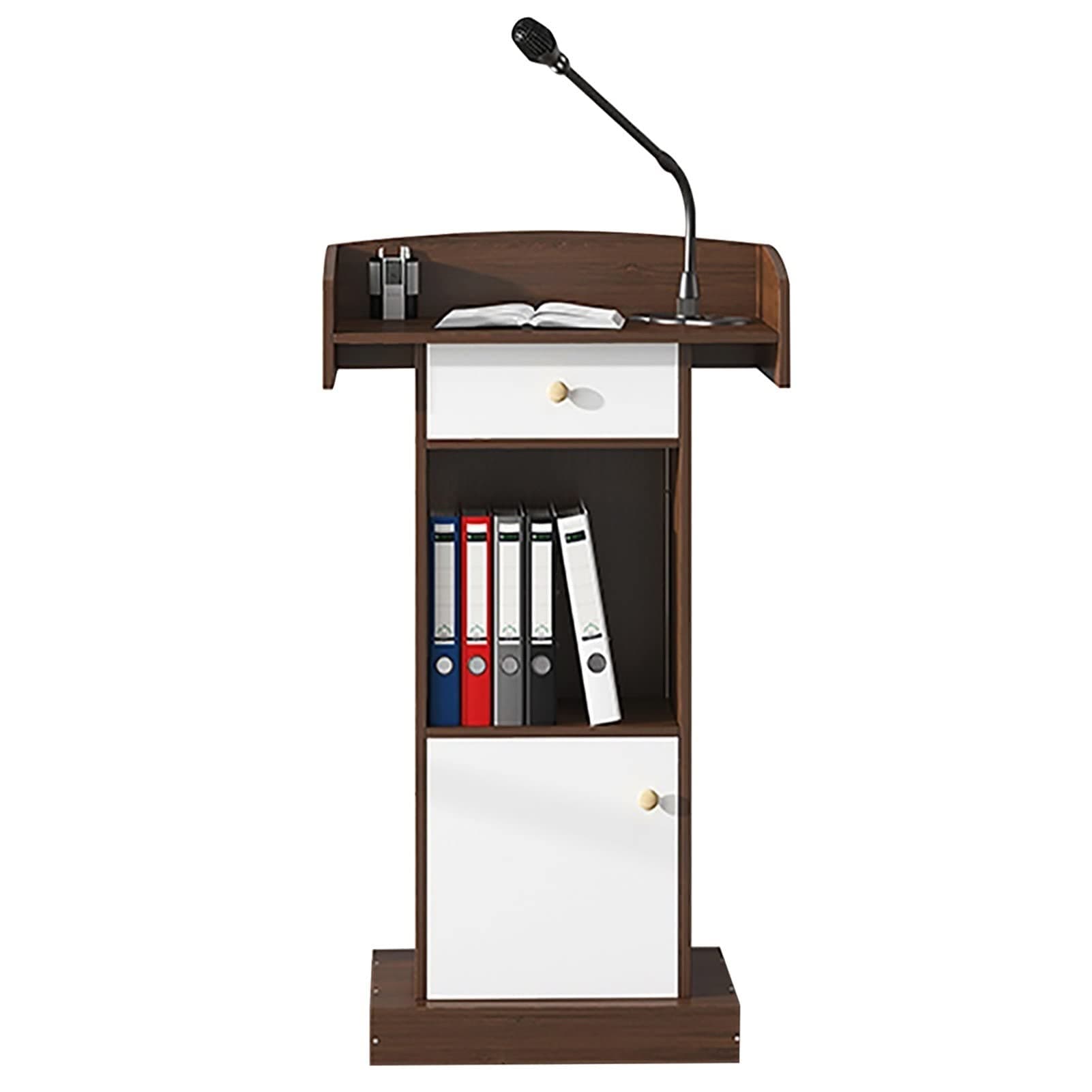 ZIMGOD Standing Pulpit Podium Stand, Brown & White Lecture Podiums, Including Drawer and 2 Storage Room and Door, School/Teacher/Church Lectern