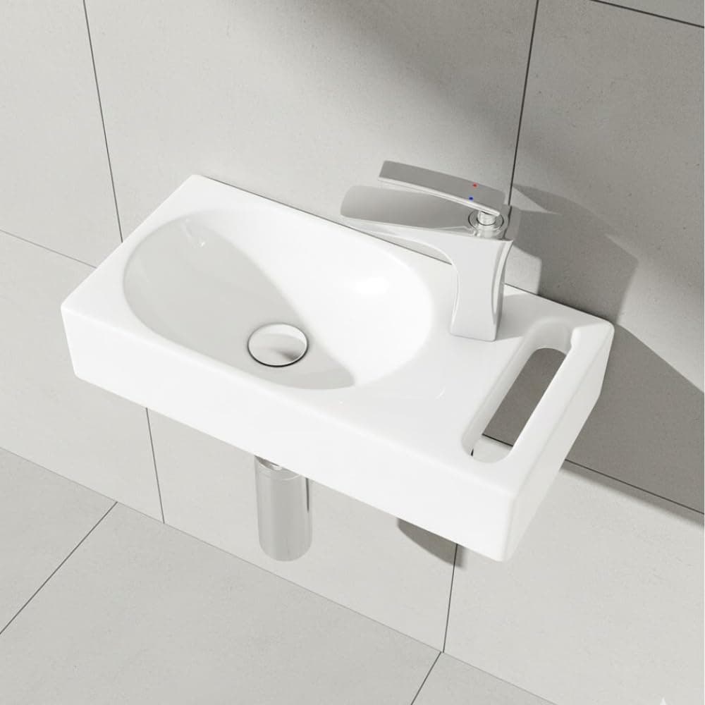Durovin Bathrooms Compact Ceramic Sink 440 x 220 x 90mm (WxDxH) - Wall Hung Mount - Rectangular Cloakroom Hand Washing Basin - One Right Hand Tap Hole with Towel Rail