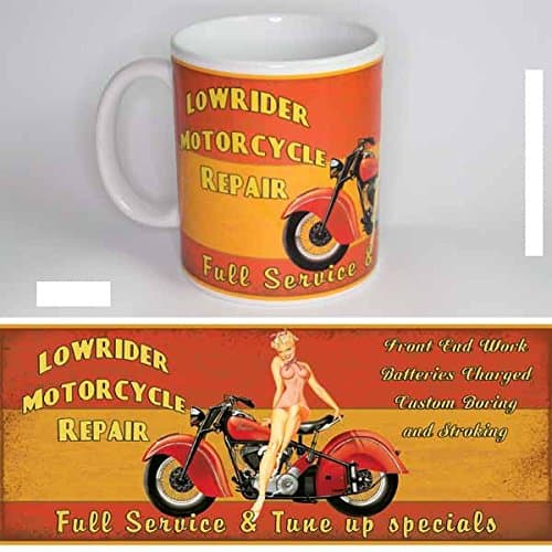 ARTIST DESIGNED COFFEE/TEA MUG - Art/Artwork Comes From A Collection Of Licensed Classic, Nostalgic, Retro, Vintage, Antique And Original Designs - This "Lowrider Motorcycle Repair" Mug Has A Lovely Decorative Design/Theme - Perfect For A Delicious Cup Of Coffee, Tea, Hot Cocoa & More! - Makes A Wonderful Gift!