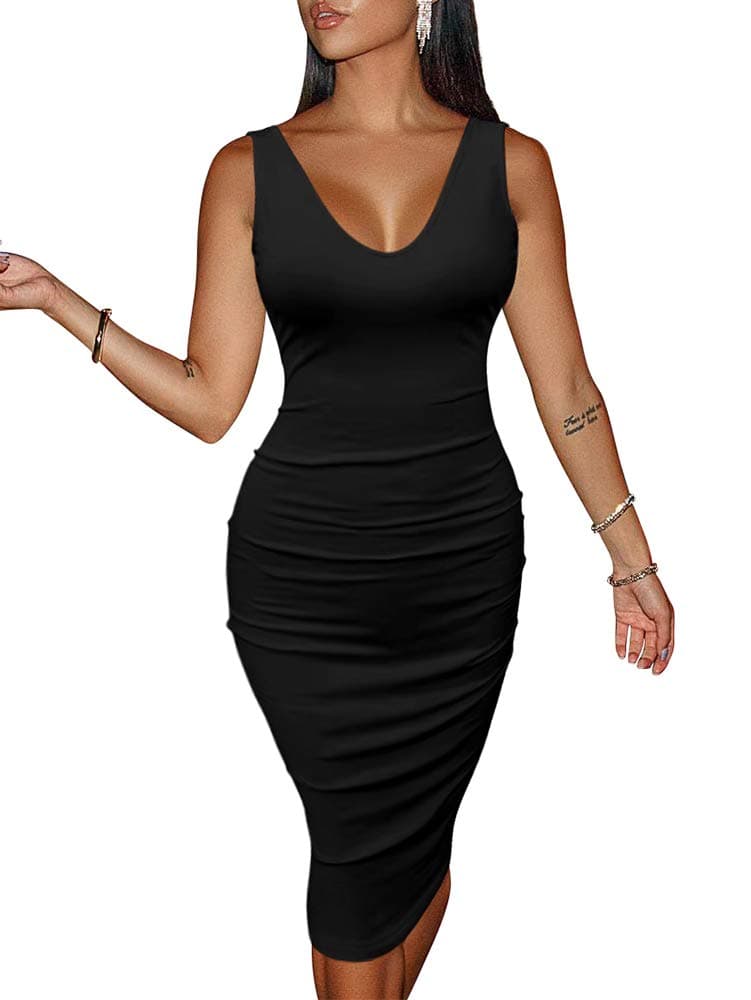 GOKATOSAU Women's Sexy V Neck Bodycon Sleeveless Backless Tight Pencil Club Midi Dress