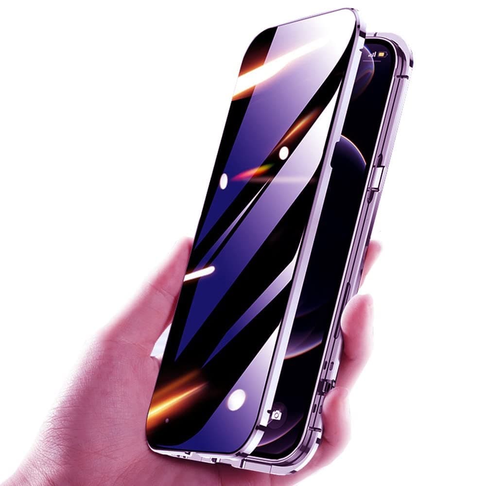 HENGHUI Lockable Anti Peeping Case for iPhone 14 Pro Max Magnetic Glass Case with Camera Lens Protector Privacy Screen Glass Protector Bumper Case Anti peep Cover with Lock (Dark Purple)