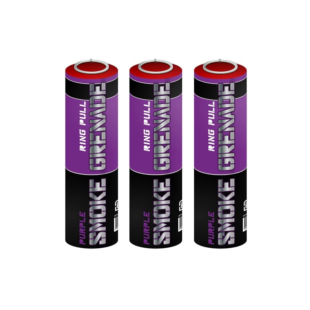 Pack of 3 Ring Pull Smoke Grenade Effects for Paintball, Weddings, Photo-shoots & Special Effects (Purple)
