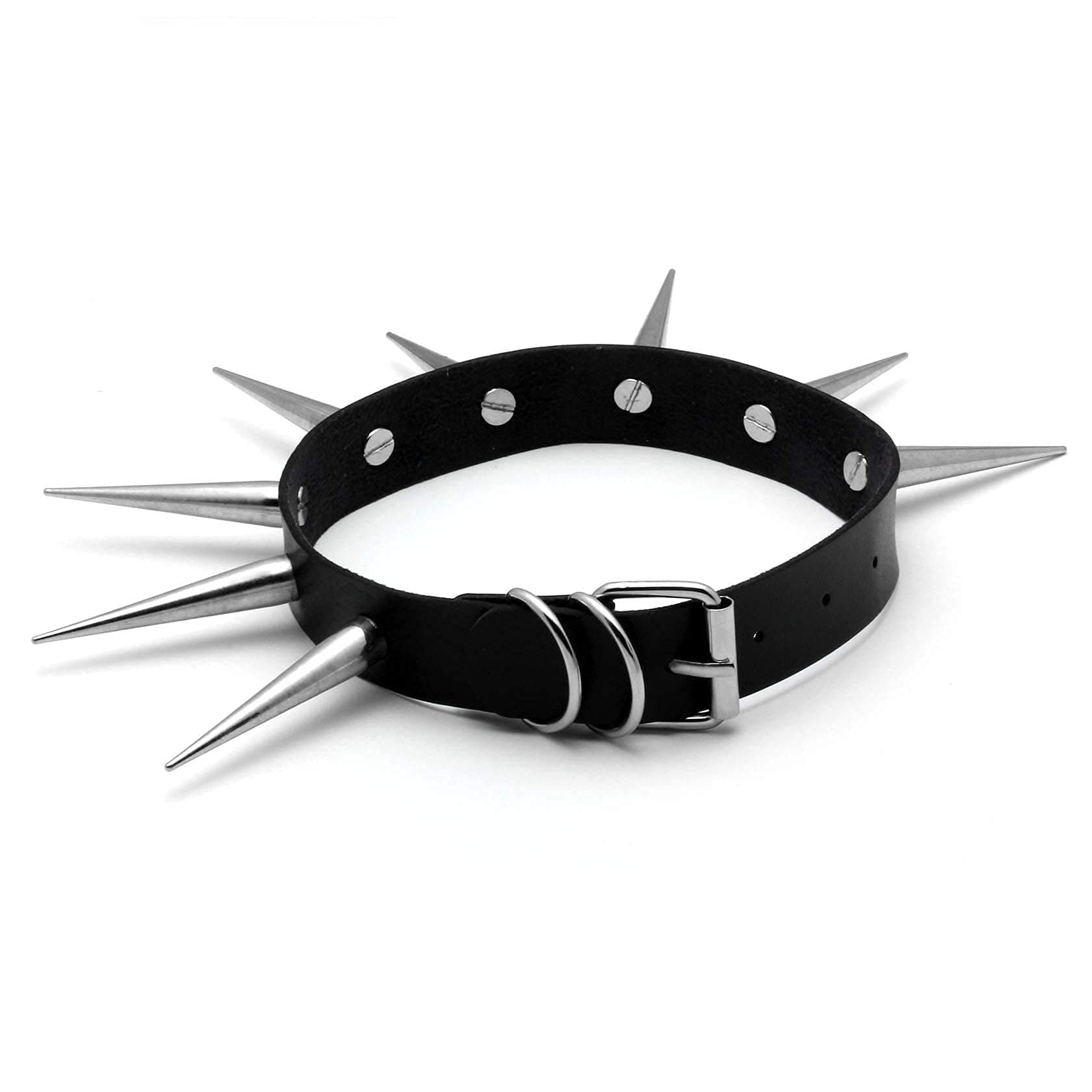 Long Studded Spike Rivet Choker Gothic Black O Ring Choker PU Leather Vinatge Punk Necklace Collar Adjustable