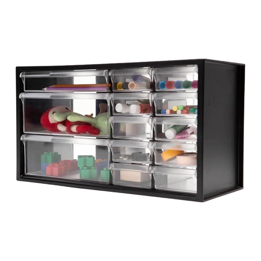 Desk Storage Organizer w/13 Drawers, Art Hardware Parts and Craft Manicure Storage Cabinet bin, Teacher Toolbox, Stationary Medicine, 17 inch, Black, A9-2110