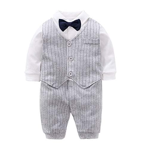 Newborn Baby Boys Long Sleeve Tuxedo Plaid Gentleman Formal Suit Jumpsuit Overall Romper Wedding Outfit