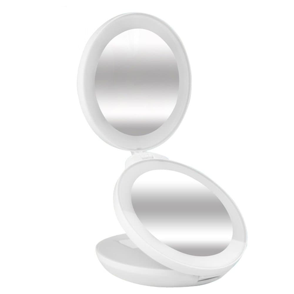 Folding Travel Makeup Mirror LED Lighted - 10x and 1x Magnification, YTOM Handheld Magnifying Mirror for Girls Women 4” Wide Illuminated Cosmetic Vanity Mirror with Protective Pouch (White)