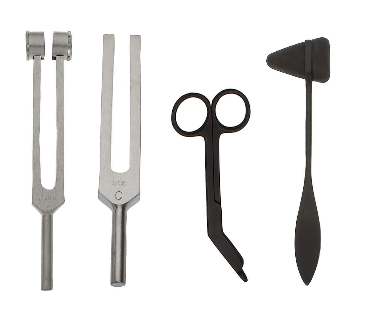 Tactical Black - Set of 4 pcs Reflex Taylor Hammer Mallet Tuning Fork c 128 512 Hz Bandage Scissors 5.5"