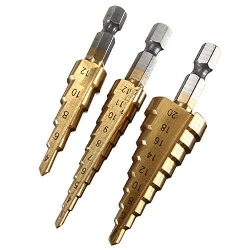 3 Pics Titanium Coated Step Drill Bits 1/4" HSS Hex Shank ,3-12mm 4-12mm 4-20mm