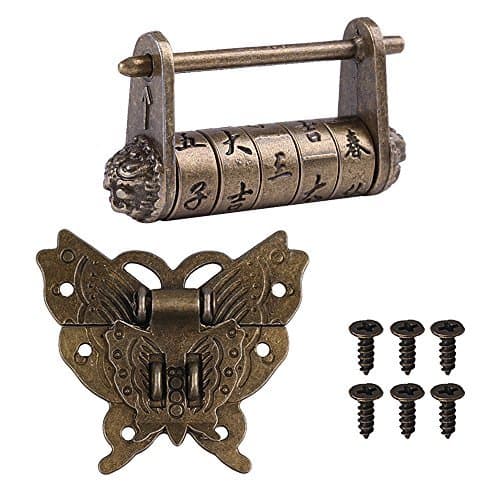 Antique Character Combination Locks with Key & Latch Hasp Set, Vintage Jewelry Gift Box Decorative Padlock Lock Hardware Latch Set for Wood Box, Password Lock