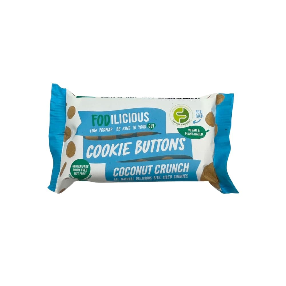 Fodilicious Cookie Buttons Coconut Crunch Vegan Cookies, Low FODMAP, Free From the Top 14 Allergens, Gluten Free, Dairy Free, Nut Free, Refined Sugar Free, Low Calorie Snacks (30g x 12 Packs)