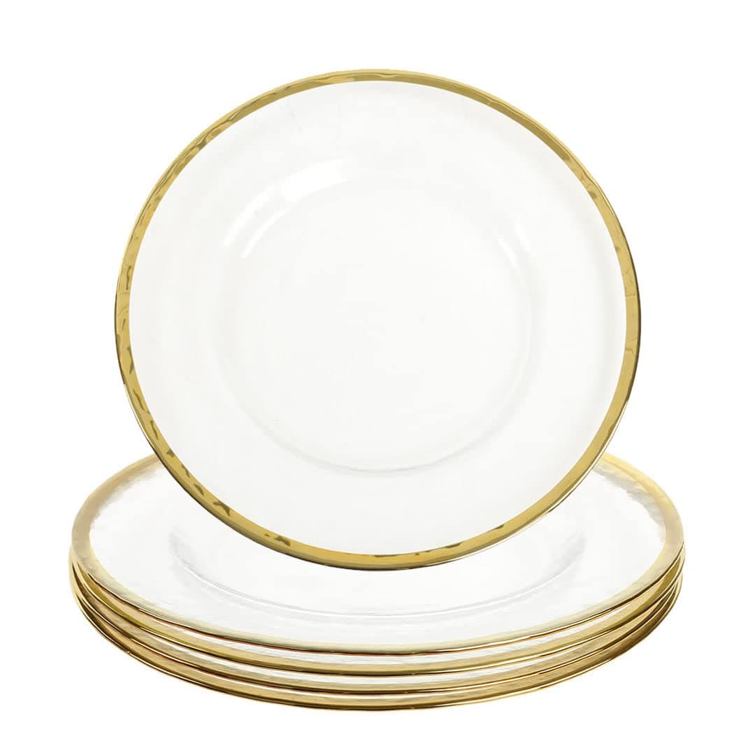 Koyal Wholesale Bulk Clear Glass Gold Rim Charger Plates, Set of 4, Glass Charger with Gold Rim, Glass Hammered Charger