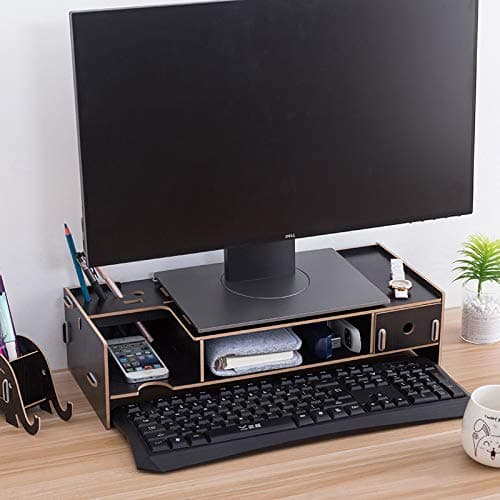 Wood PC Monitor Stand Computer Riser with Storage Organizer Drawer Organizer Office Desk Laptop TV Printer Desktop Container (Black)