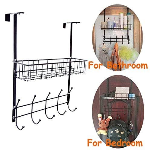 Over The Door Hook Hanger Two Tiers with 11 Hooks and Mesh Basket Adjustable Storage Rack Wall Hook for Coats Hats Robes Towels