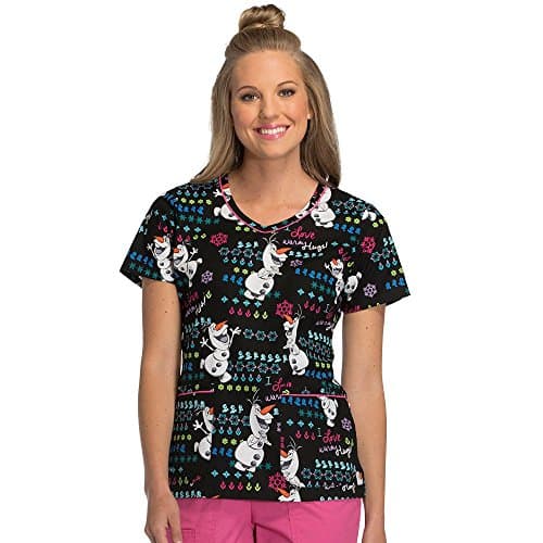 Tooniforms by Cherokee Women's V-Neck Olaf Print Scrub Top Small Print