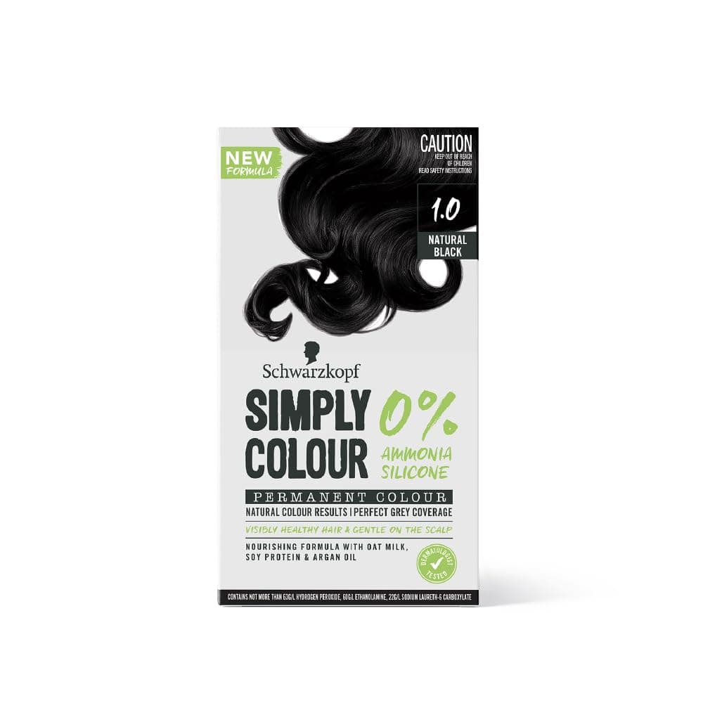 Simply Color Permanent Hair Colour, 0% Ammonia & Silicone for Natural Color Results, Dermatologist Tested hair colour with PPD & PTD Free formulation, 1.00 Jet Black, 142.5ml