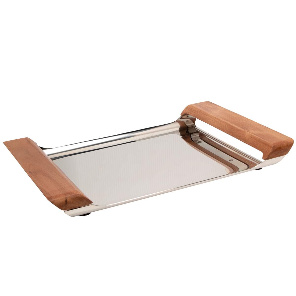 SavoraAvenue Stainless Steel Bar Tray with Acacia Handles, 11" x 14", Silver