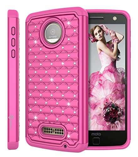 Moto Z Force Case, Moto Z Force Droid Case, Style4U [Shockproof] Studded Rhinestone Crystal Bling Hybrid Armor Case for Motorola Moto Z Force/Moto Z Force Droid with 1 Stylus [Hot Pink/Hot Pink]
