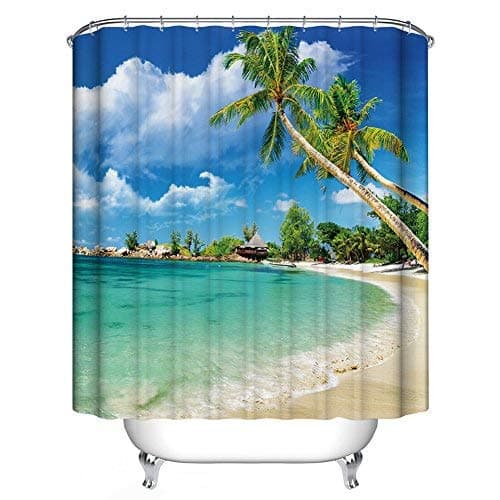 GraceFINE Shower Curtain 3D Polyester Fabric Waterproof Bath Curtains Antibacterial Bathroom Curtain with Hooks 180*180cm (Beach)