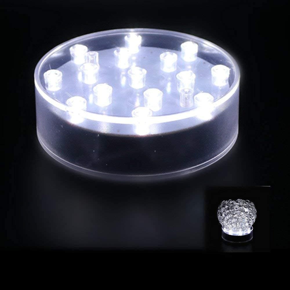 LACGO Acrylic Round LED Vase Base Plate Light, with 15 Bright White LED Lights, USB&Battery-powed, for Wedding, Party, Home, Display Stand Table Centerpiece Decor(Clear Case, White Light, Pack of 1)