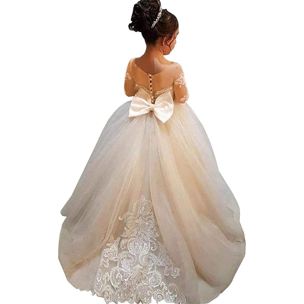 Lace Embroidery Sheer Long Sleeves Kids Trailing Gowns