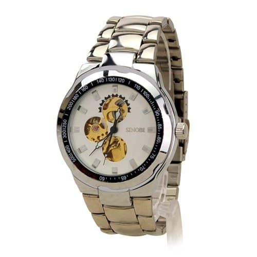 SINOBI Simple Metal Band Self-Winding Automatic Mechanical Wristwatch with Water Resistance and Stainless Steel Back-White