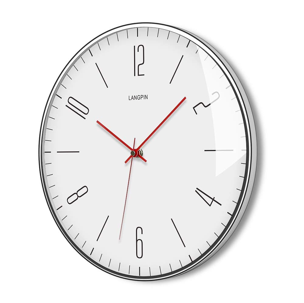 LANGPIN Silent & Non Ticking Modern Quartz Wall Clock 14"- Battery Operated Digital Quiet Sweep Office Decor Clocks,Chrome Coated Metal Frame Glass Cover 903-3