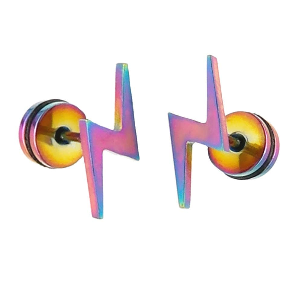 Unisex Screw Flat Back Lightning Bolt Stud Earring in High Polished Surgical Steel - Plated in 14K Yellow Gold or 925 Sterling Silver