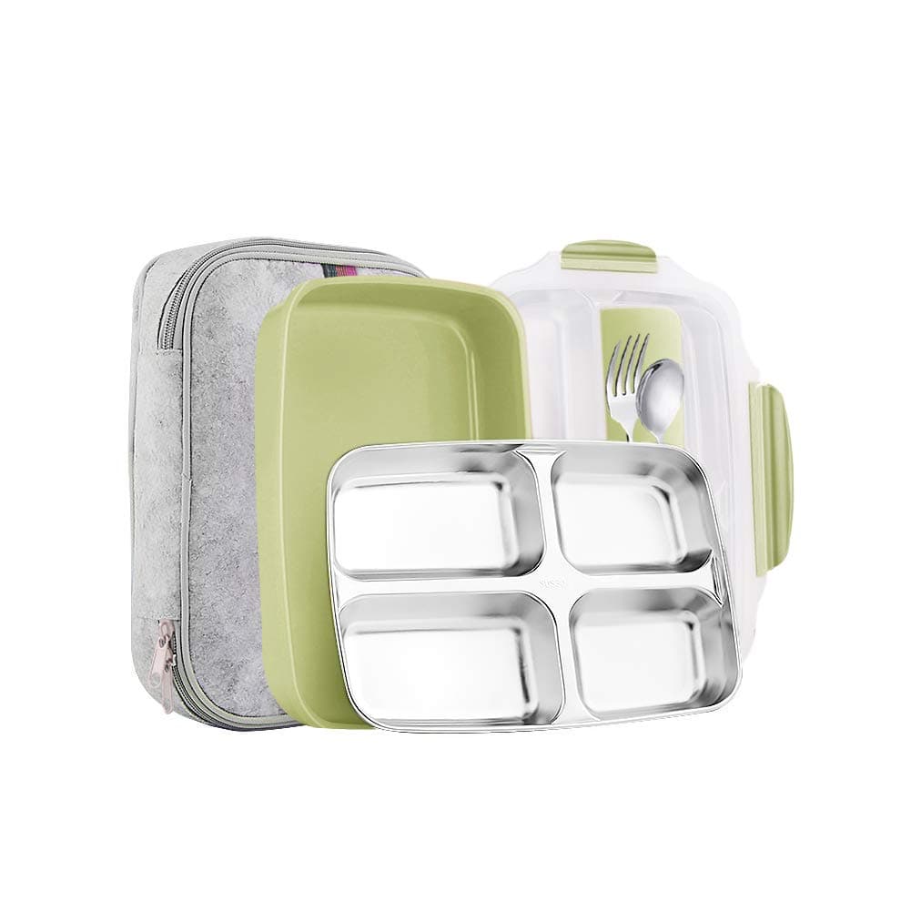 Slim Stainless Steel Square Lunch Box Set Insulated Leak Proof Lunch Box for Adults and Kids Non-toxic Tasteless With Insulated Bag And Cutlery Dishwasher Microwave Safe (Green transparent lid)