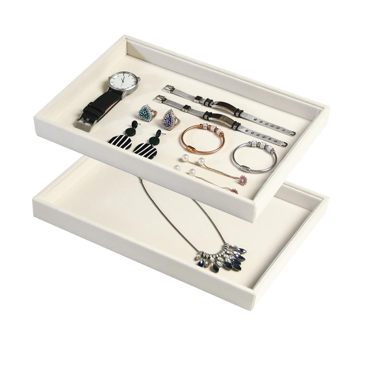 - Coward 2Pcs/Set Stackable Jewerlry Organizer Tray Beige Velvet Blank Tray Holder for Beads Bracelets Necklaces Earrings Store Selling or Home Show